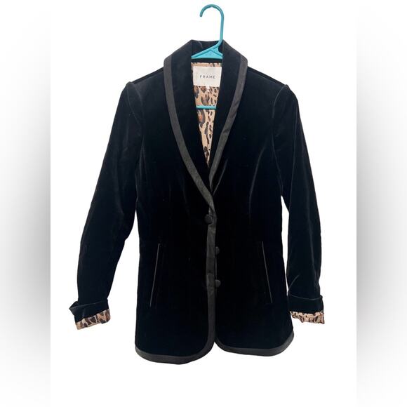 Frame Classic Velvet Black Blazer Velour Jacket  Leopard Print Interior 2 - Picture 2 of 5